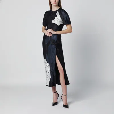 Victoria Beckham Floral Satin Midi Dress Side Slit In Blue