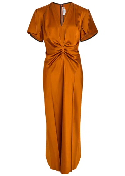 Victoria Beckham Eve Gathered Satin Midi Dress In Gold