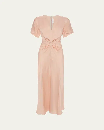 Victoria Beckham Eve Gathered-waist Satin Midi Dress In Pink