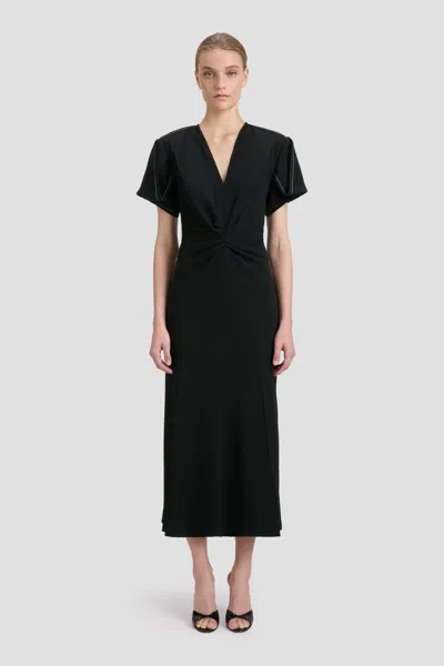 Victoria Beckham V Neck Gathered Front Midi Dress In Black