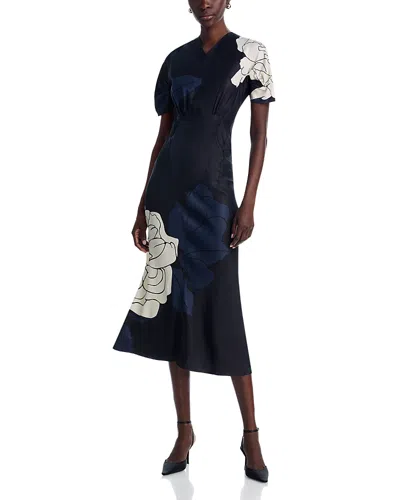 Victoria Beckham Eve Short Sleeve Gather Detail Midi Dress In Blue