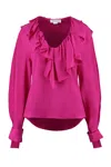 Victoria Beckham Silk Blouse With Ruffled Neckline And Asymmetric Hem In Fuchsia