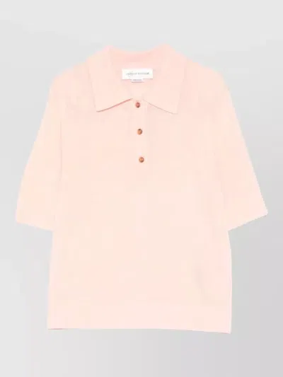 Victoria Beckham Fine Knit Short Sleeve Polo Top In Pink