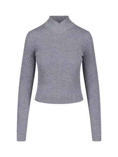 Victoria Beckham Fitted Ribbed Knit Sweater With Subtle V-neckline In Gray