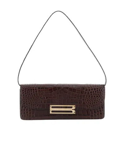 Victoria Beckham Dorian East-west Croc-effect Leather Clutch In Brown