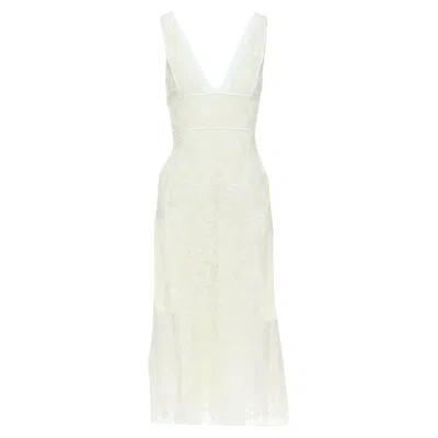 Victoria Beckham Floral Lace Cotton Pipe Trim V-neck Dress In Beige