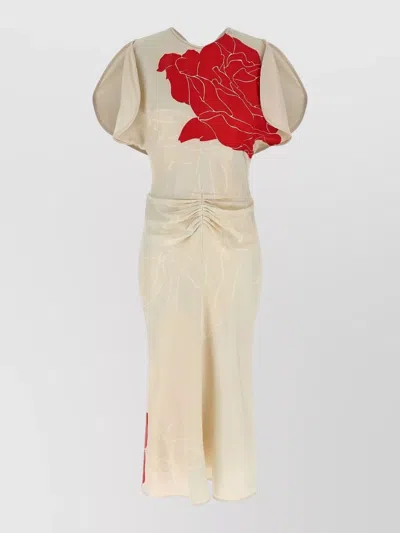 Victoria Beckham Floral Midi Dress Ruched Waist Short Sleeves In Neutral