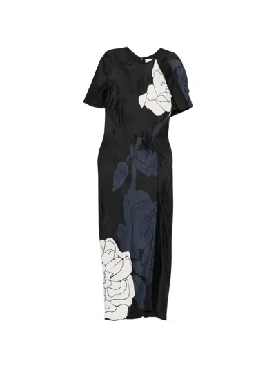 Victoria Beckham Floral Viscose Midi Dress With Side Slit In Blue