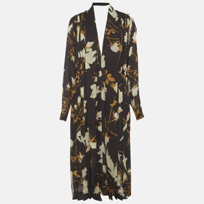 Pre-owned Victoria Beckham Floral Print Crepe Pleated Midi Dress M In Black