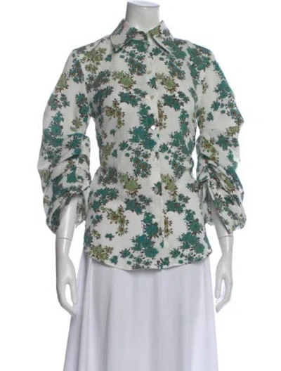 Pre-owned Victoria Beckham Floral Print Long Sleeve Button-up Top In White