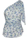 Victoria Beckham Asymmetric Draped Floral Ruched Sleeve Top In Blue