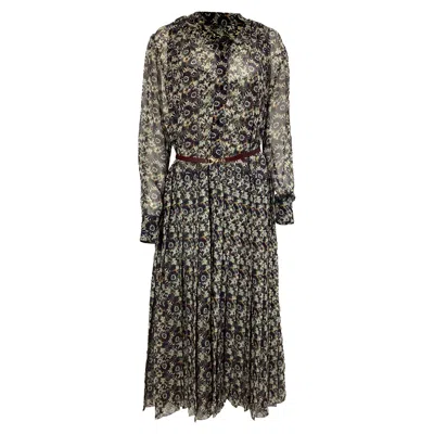 Victoria Beckham Floral Print Pleated Midi Dress In Multicolor Silk In Gray