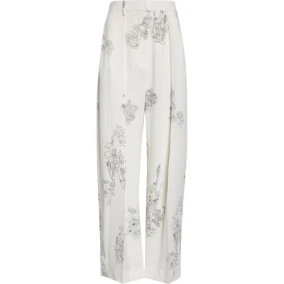 Victoria Beckham Floral Print Pleated Wide Leg Trousers In White
