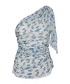 Victoria Beckham Asymmetric Draped Floral Ruched Sleeve Top In Blue