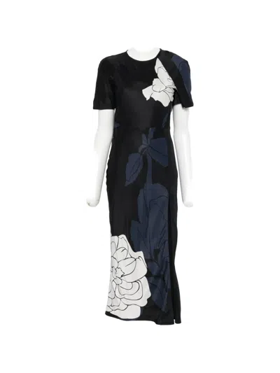 Victoria Beckham Floral Print Split Hem Midi Dress In Black