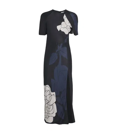 Victoria Beckham Floral Split-hem Midi Dress In Blue