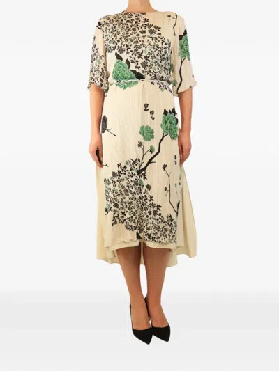 Pre-owned Victoria Beckham Floral-print Midi Dress In Neutrals