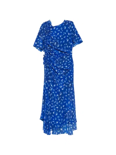 Victoria Beckham Floral-print Smocked Asymmetric Dress In Blue