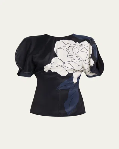 Victoria Beckham Flower-print Satin Draped Sleeve Top In Blue