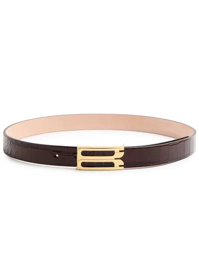 Victoria Beckham Frame Crocodile-effect Leather Belt In Dark Brown