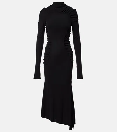 Victoria Beckham Gathered Asymmetric Jersey Midi Dress In Black