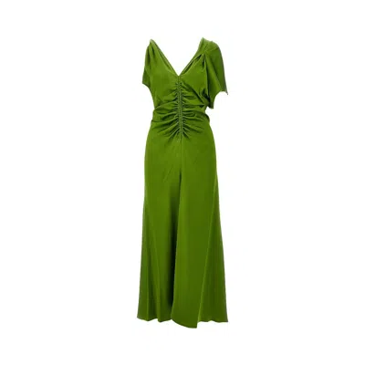Victoria Beckham Gathered Asymmetrical Satin Dress In Green