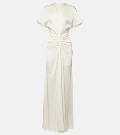 Victoria Beckham Gathered Crepe Satin Long Dress In White