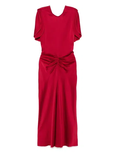 Victoria Beckham Puff-sleeved Ruched Flared Dress In Red