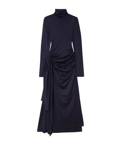Victoria Beckham Gathered Draped Jersey Turtleneck Midi Dress In Blue