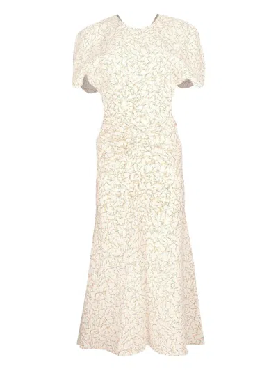 Victoria Beckham Gathered Floral-print Midi Dress In White