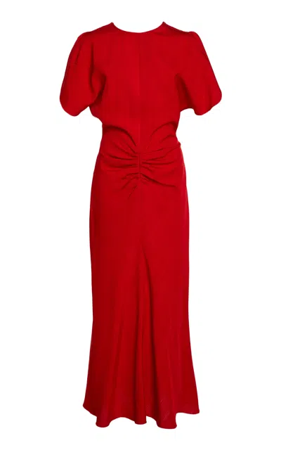 Victoria Beckham Gathered Puff-sleeve Crepe Midi Dress In Red