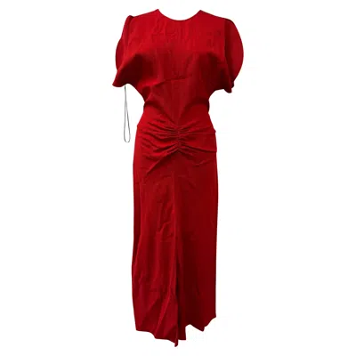 Victoria Beckham Gathered Puff-sleeve Crepe Midi Dress In Red Viscose In Brown