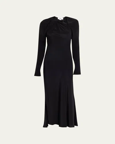Victoria Beckham Gathered Satin Chain Necklace Long-sleeve Maxi Dress In Black