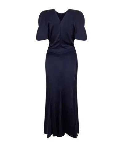 Victoria Beckham Gathered Satin Midi Dress In Blue
