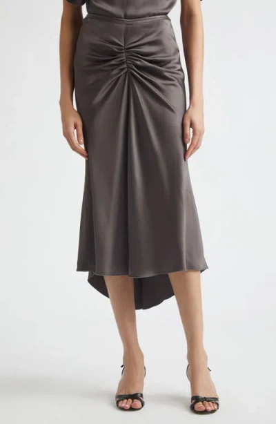 Victoria Beckham Bela Ruched Satin Midi Skirt In Gray