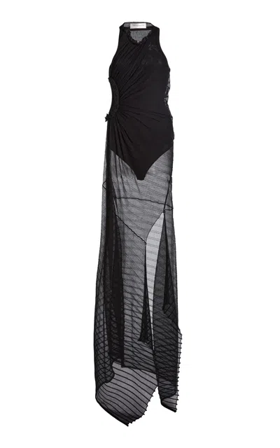 Victoria Beckham Gathered Sheer-knit Maxi Dress In Black