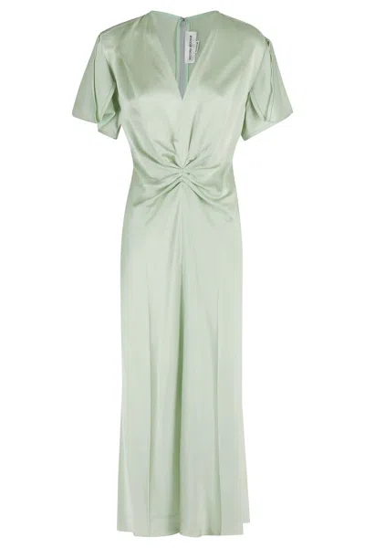 Victoria Beckham Gathered V Neck Midi Dress In Green