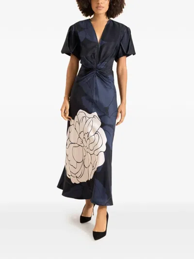 Victoria Beckham Gathered V-neck Midi Dress In Blue