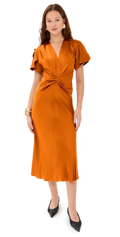 Victoria Beckham Midi Dress With V Neck And Ruched Detail In Brown