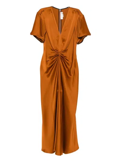 Victoria Beckham Gathered V Neck Midi Dress In Brown