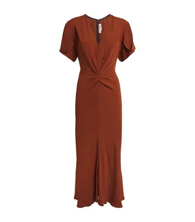 Victoria Beckham Womens Russet V-neck Ruched-front Crepe Midi Dress In Brown