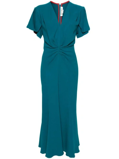 Victoria Beckham Gathered V-neck Midi Dress In Green