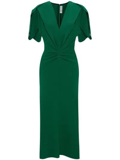 Victoria Beckham Gathered V-neck Midi Dress In Green