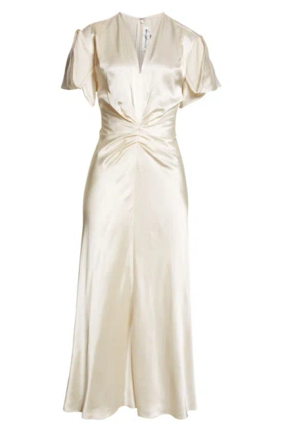 Victoria Beckham Ivory Gathered V Neck Midi Dress