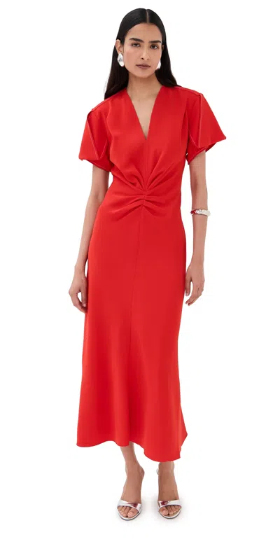 Victoria Beckham Gathered V Neck Midi Dress Tomato