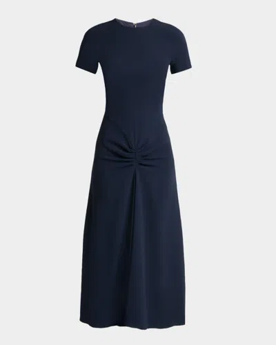Victoria Beckham Gathered Waist Crepe Midi Dress In Blue