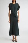 Victoria Beckham Gathered Waist Crepe Midi Dress In Green
