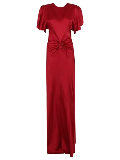 VICTORIA BECKHAM GATHERED WAIST FLOOR-LENGTH CREPE SATIN DRESS