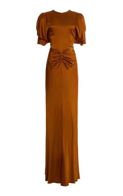Victoria Beckham Gathered Waist Floor Length Dress In Brown