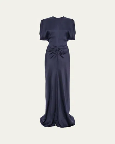 Victoria Beckham Gathered Waist Flutter-sleeve Satin Gown In Blue